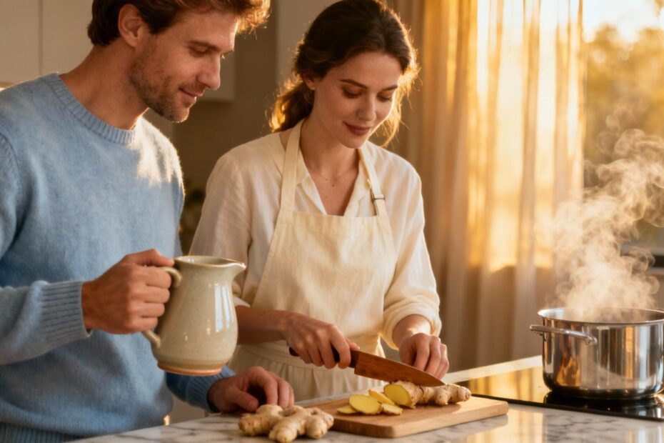Couple européen préparant du thé au gingembre frais dans une cuisine moderne avec lumière naturelle et vapeur