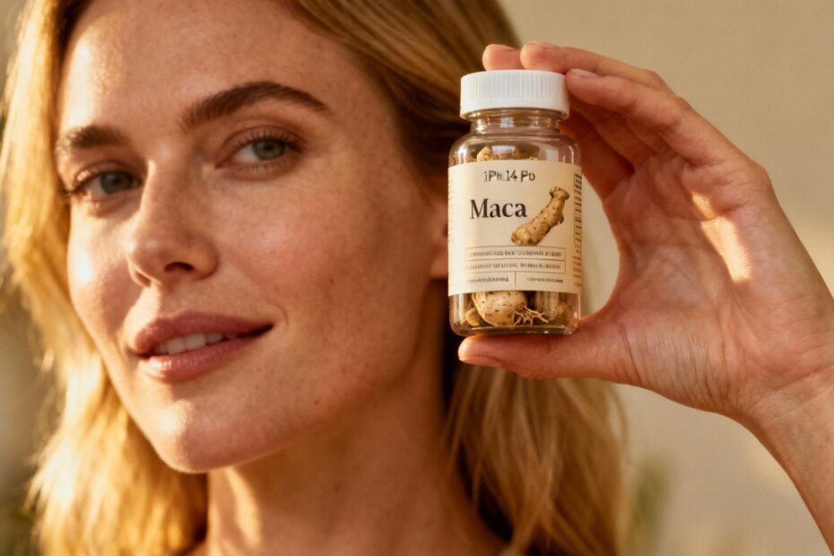 Femme européenne tenant un flacon de complément alimentaire naturel à base de maca, éclairage naturel doux