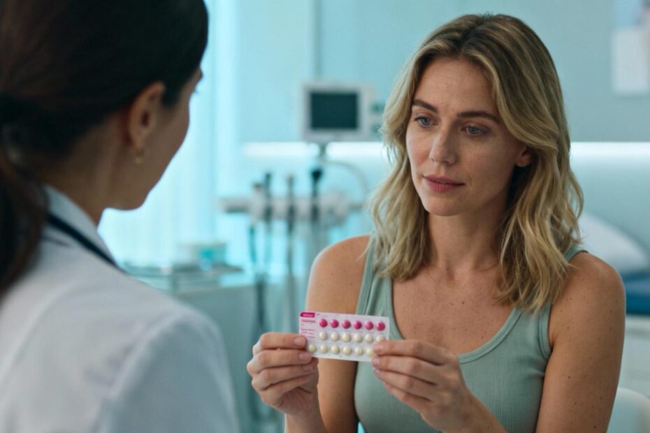 Jeune femme européenne tenant un blister de pilule contraceptive lors d'une consultation avec une médecin dans un cabinet moderne