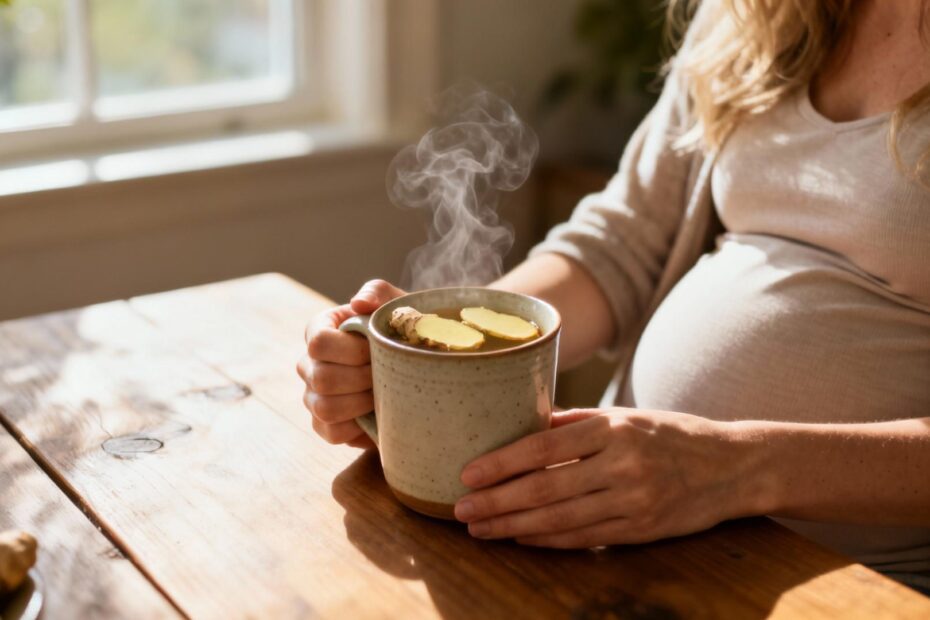 Jeune femme enceinte tenant une tasse de thé au gingembre avec des tranches de gingembre frais devant une fenêtre