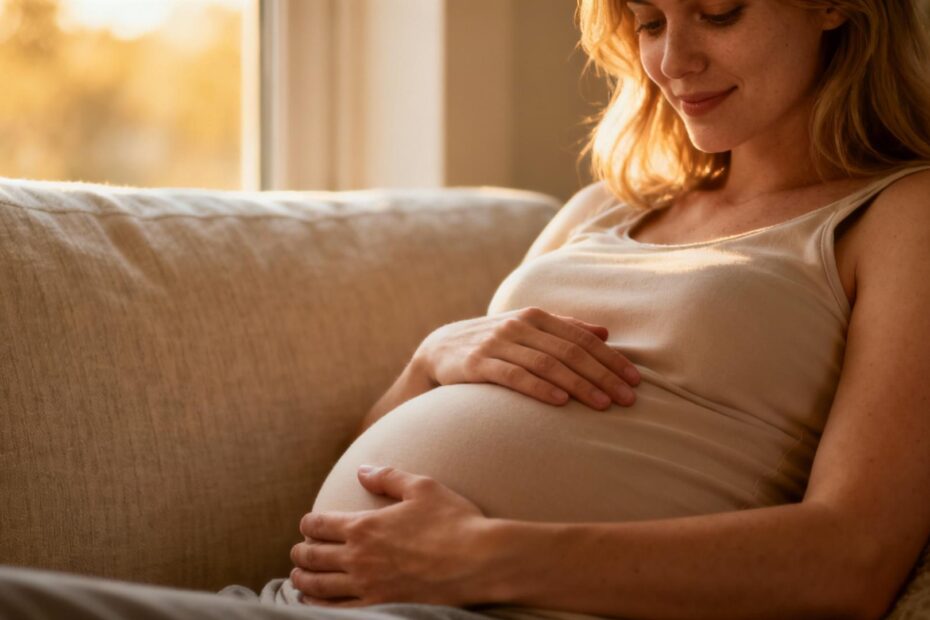 Femme enceinte allongée sur un canapé, main sur le ventre, ressentant les premières sensations des mouvements de son bébé
