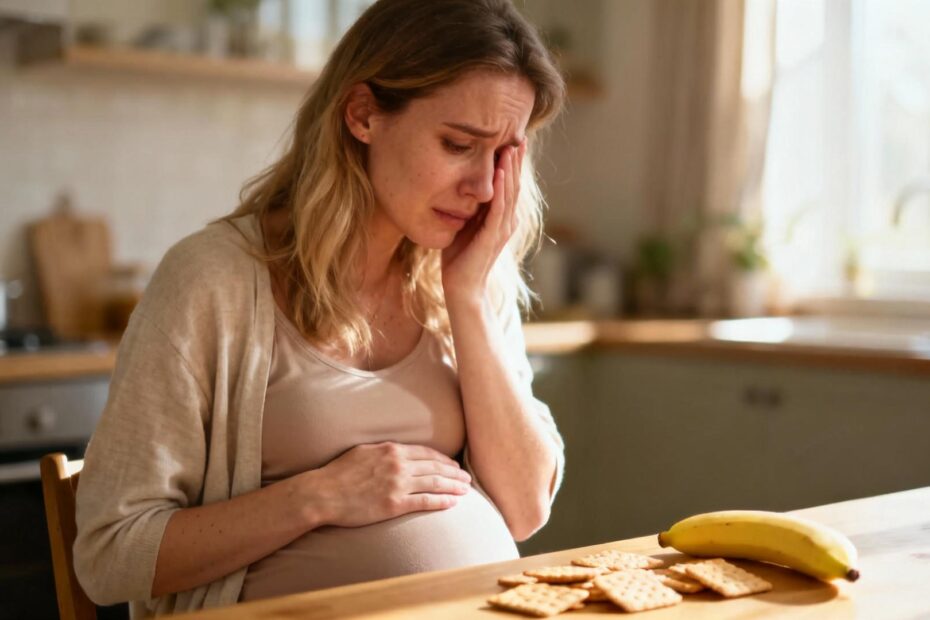 Femme enceinte assise à la table de cuisine avec des snacks, visiblement nauséeuse sous la lumière matinale