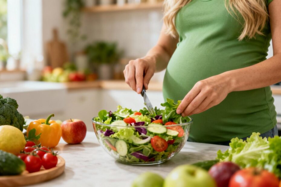 Femme enceinte préparant une salade saine avec légumes et fruits frais sur un plan de travail de cuisine