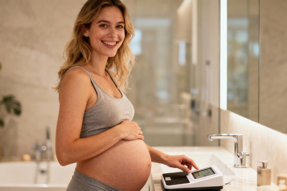 Jeune femme enceinte souriante en train de vérifier son poids sur une balance électronique dans une salle de bain moderne