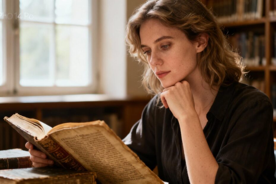 Jeune femme européenne concentrée lisant des livres anciens dans une bibliothèque avec lumière naturelle