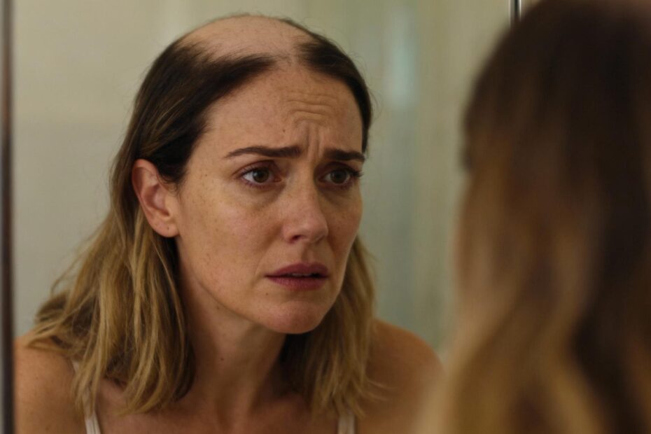Femme européenne aux cheveux clairsemés regardant son reflet dans un miroir avec une expression préoccupée