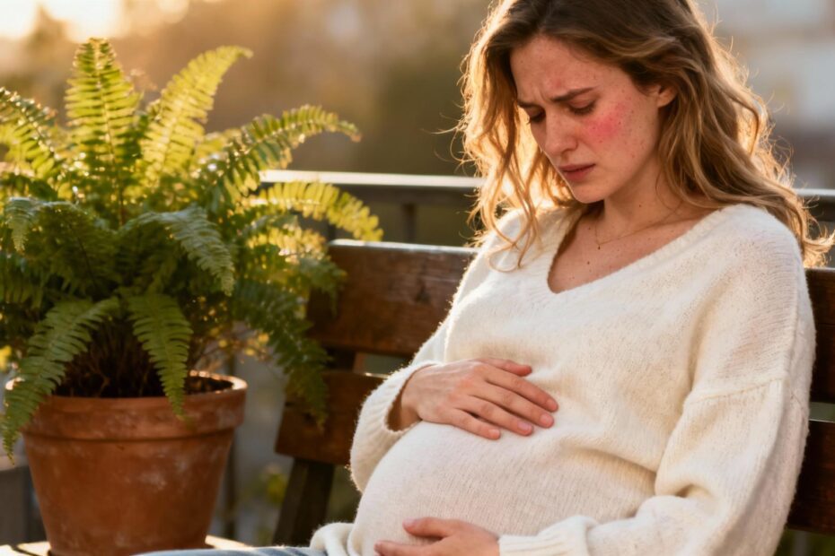 Jeune femme européenne présentant des symptômes précoces de grossesse dans un intérieur lumineux