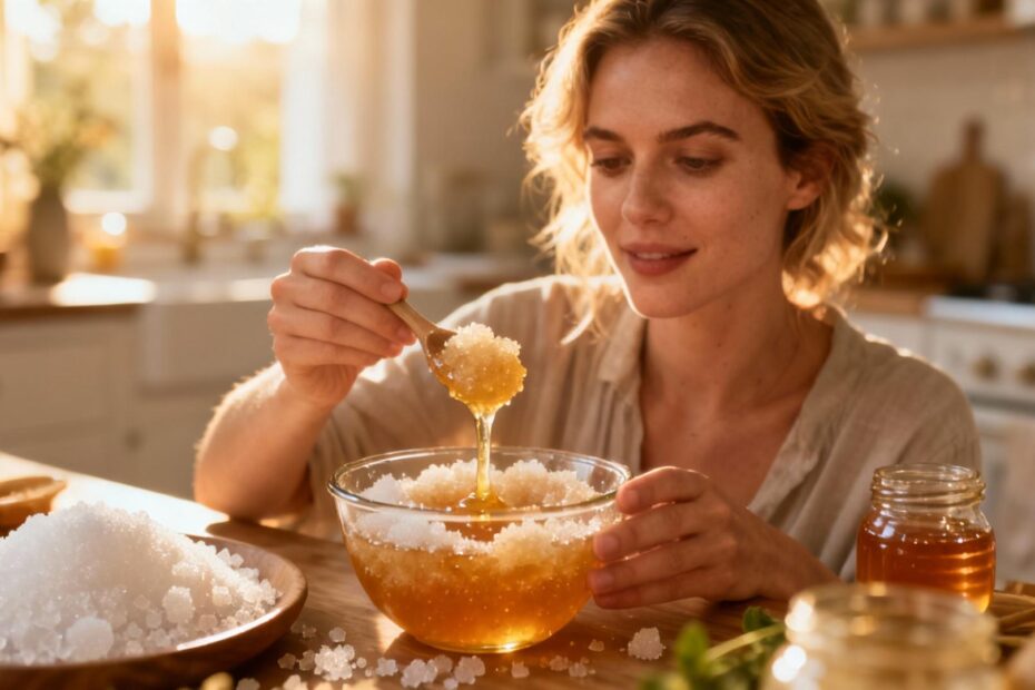 Femme européenne préparant un gommage visage maison avec du sucre et du miel dans une cuisine lumineuse