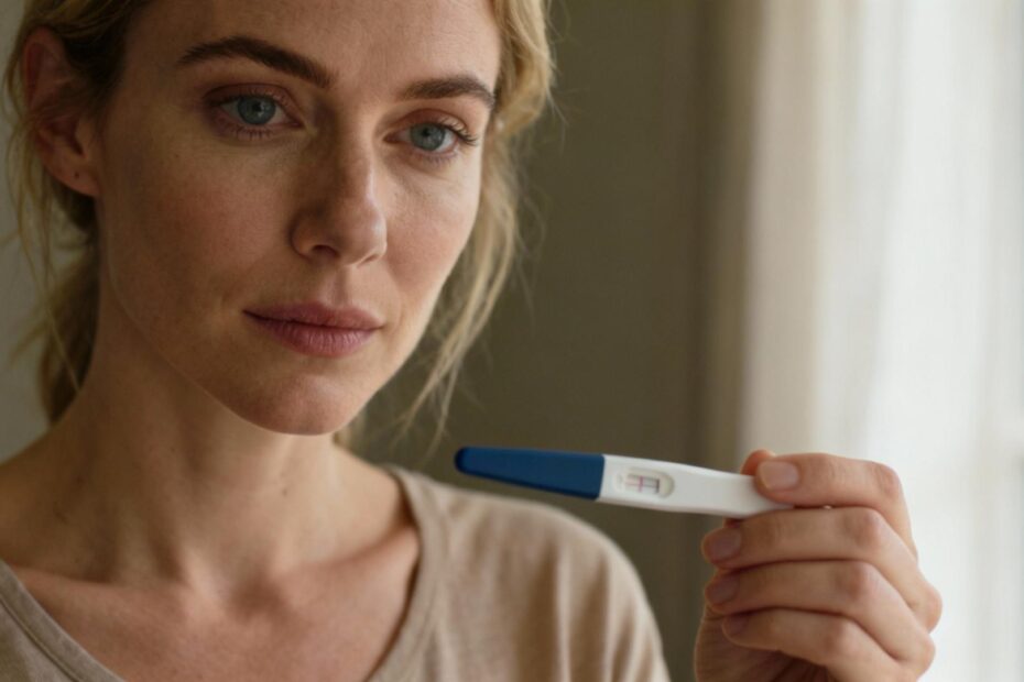 Femme européenne tenant un test de grossesse avec une expression concentrée dans une lumière douce