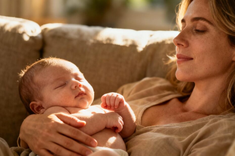 Mère européenne allongée avec son bébé nouveau-né sur un canapé confortable, lumière naturelle douce