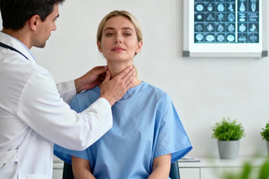 Femme caucasienne en consultation avec un médecin pour un examen de la thyroïde dans une clinique moderne
