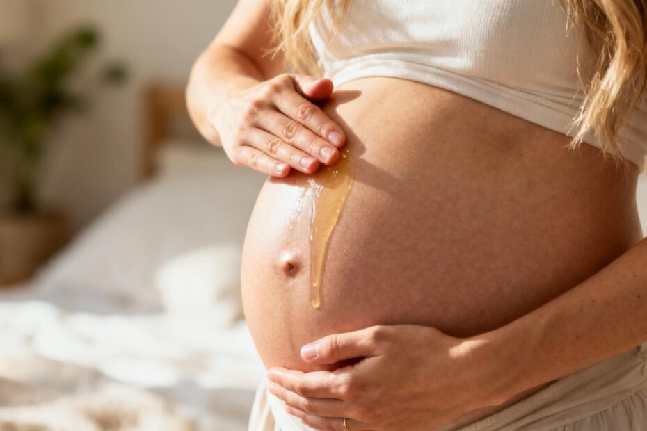 Femme enceinte appliquant délicatement de l'huile hydratante sur son ventre arrondi dans une lumière matinale douce
