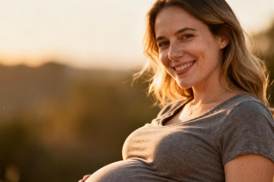 Jeune femme enceinte de jumeaux souriante, main posée sur son ventre arrondi sous une lumière naturelle douce