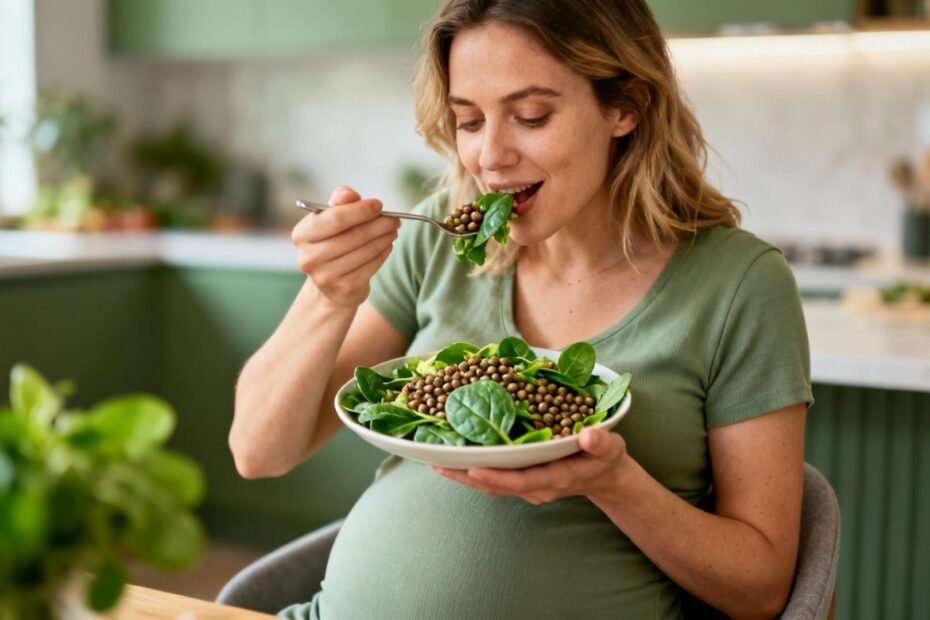 Femme enceinte souriante devant une assiette colorée de salade aux épinards et lentilles