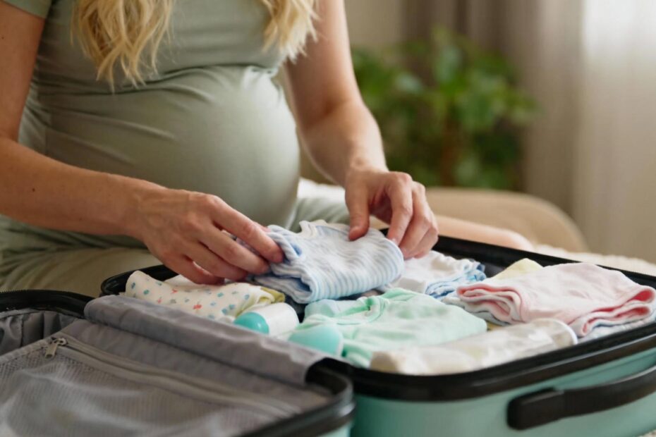 Femme enceinte rangeant des vêtements de bébé et des essentiels dans une valise pour la maternité
