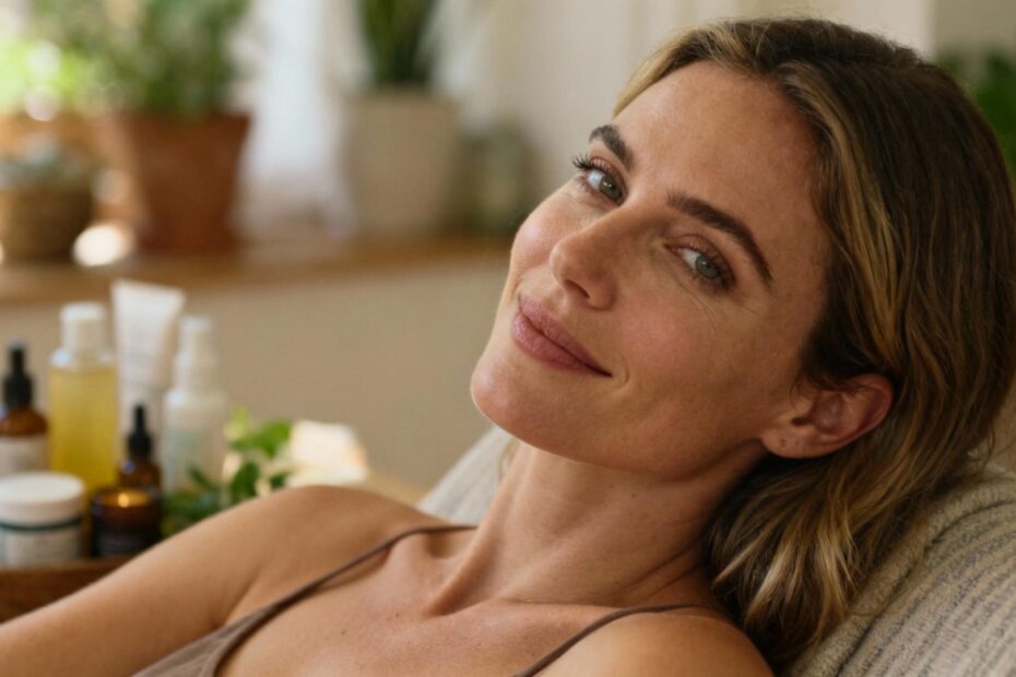 Jeune femme européenne détendue dans son salon entourée de produits de bien-être naturels pour le confort intime
