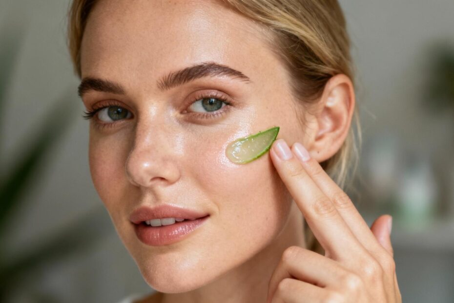 Femme souriante avec une peau naturelle et éclatante appliquant un soin visage à l'aloe vera