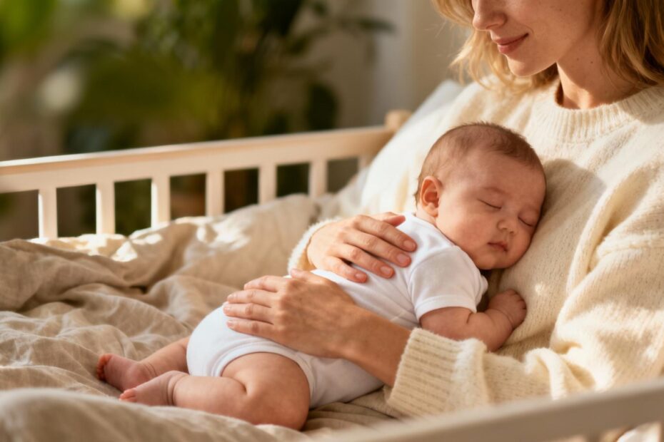 Jeune mère européenne berçant doucement son bébé dans ses bras pour l'aider à s'endormir