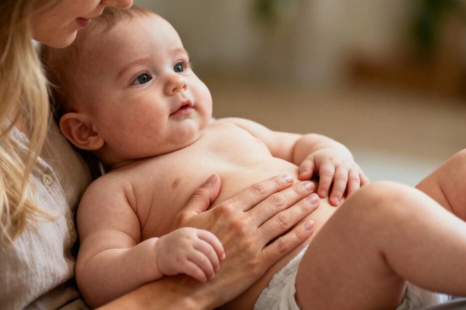 Jeune mère massant doucement le ventre de son bébé allongé pour apaiser les coliques, ambiance chaleureuse