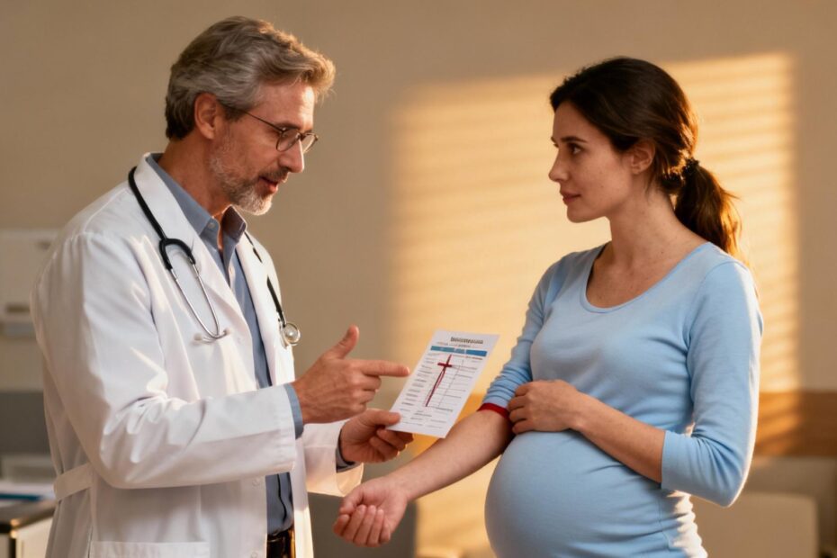 Professionnel de santé européen expliquant le déroulement d'une prise de sang à une femme enceinte dans un cabinet médical