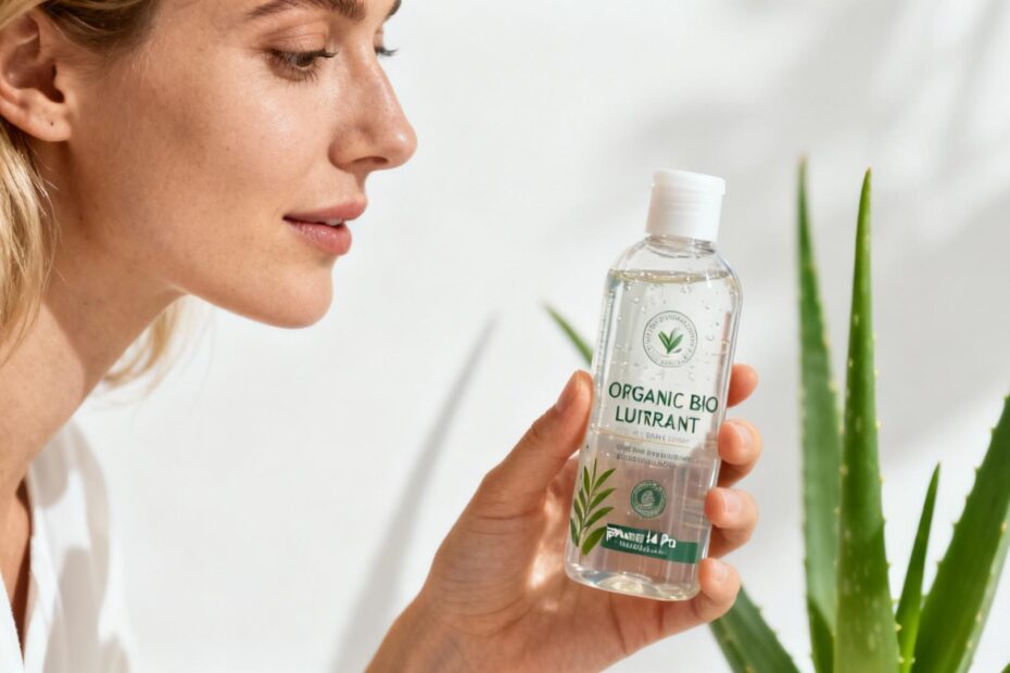 Femme européenne tenant un flacon transparent de gel lubrifiant naturel bio avec des feuilles d'aloe vera en arrière-plan