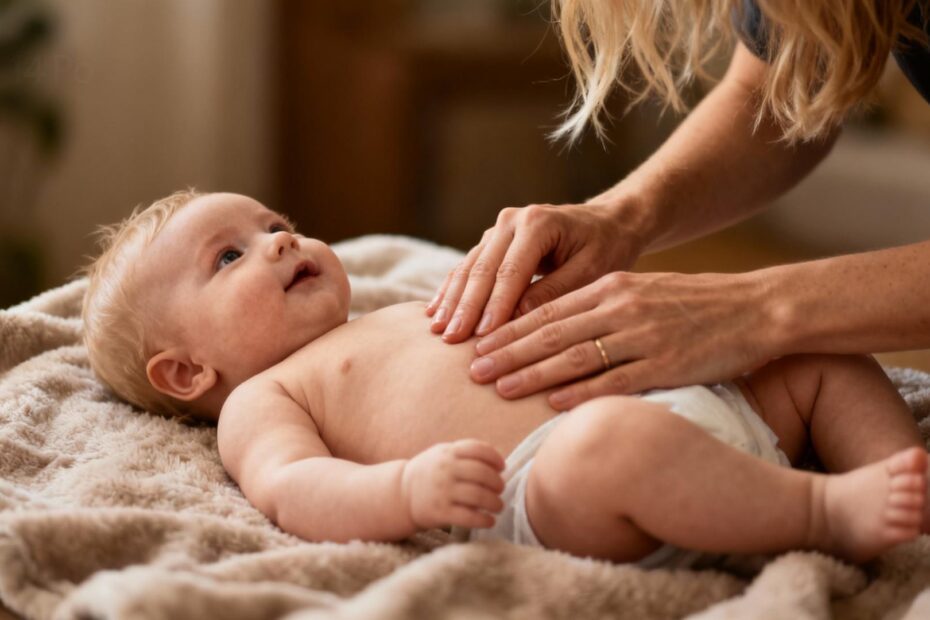 Mère européenne massant délicatement son bébé caucasien allongé sur une couverture douce