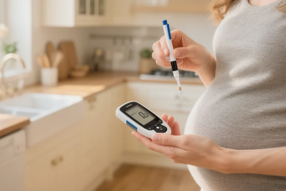 Femme enceinte mesurant sa glycemie avec un lecteur de glycemie a domicile